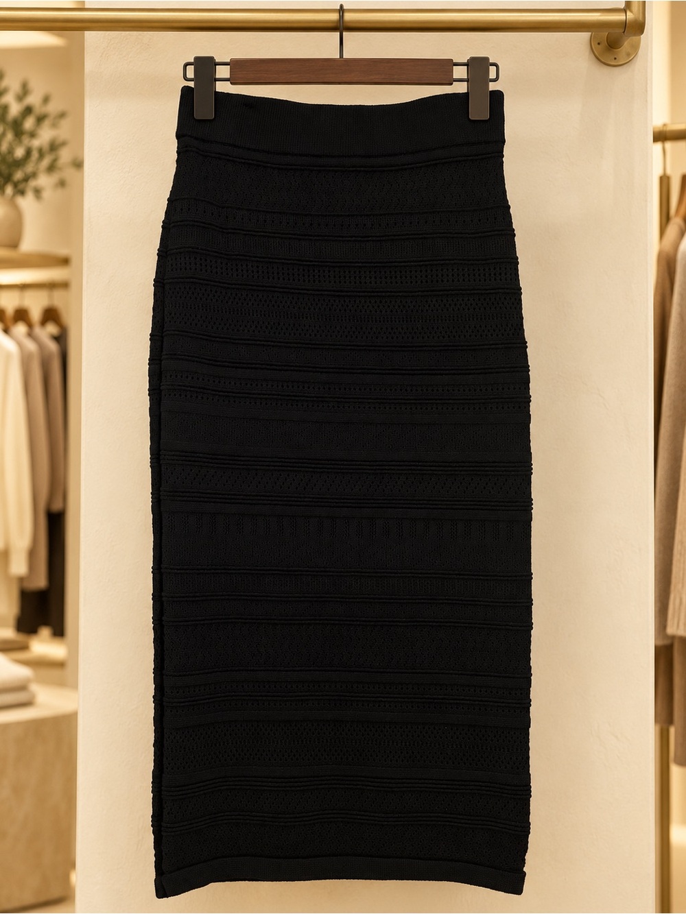 Aritzia Babaton Black Textured Knit Midi Pencil Skirt